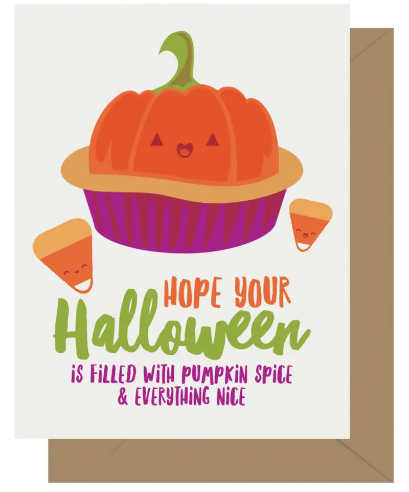 Cutie Kawaii Pumpkin Spice Letterpress Halloween Card